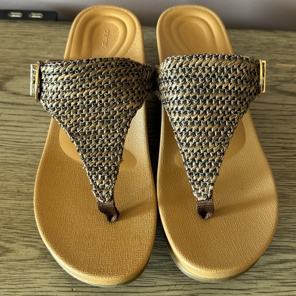 Aetrex Kate Thong Wedge Sandals Brown Woven - Picture 2 of 12